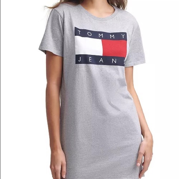 NWOT Tommy Jeans Flag Logo Cotton T-Shirt Dress GREY - Picture 3 of 7